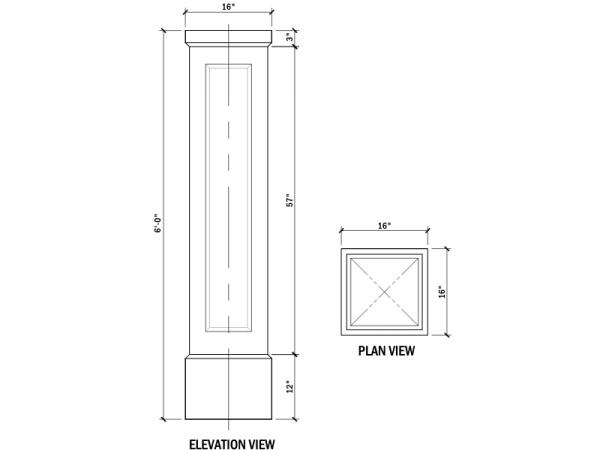 Column, Post/Pilaster/Pier, 16"X16" Square Shaft, 6'H, 1Pc 